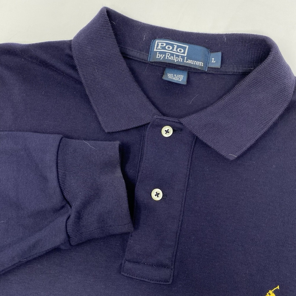 Polo‎ Ralph Lauren Polo Shirt Mens Large Navy Blue Long Sleeve Yellow Pony Logo